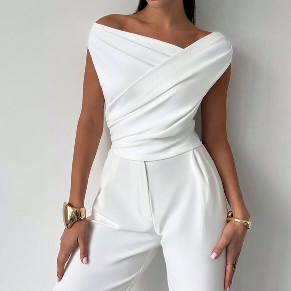 Apricot Elegant Women's Minimalist Asymmetric Ruffle Sleeveless Cropped Top - Picture 3 of 7